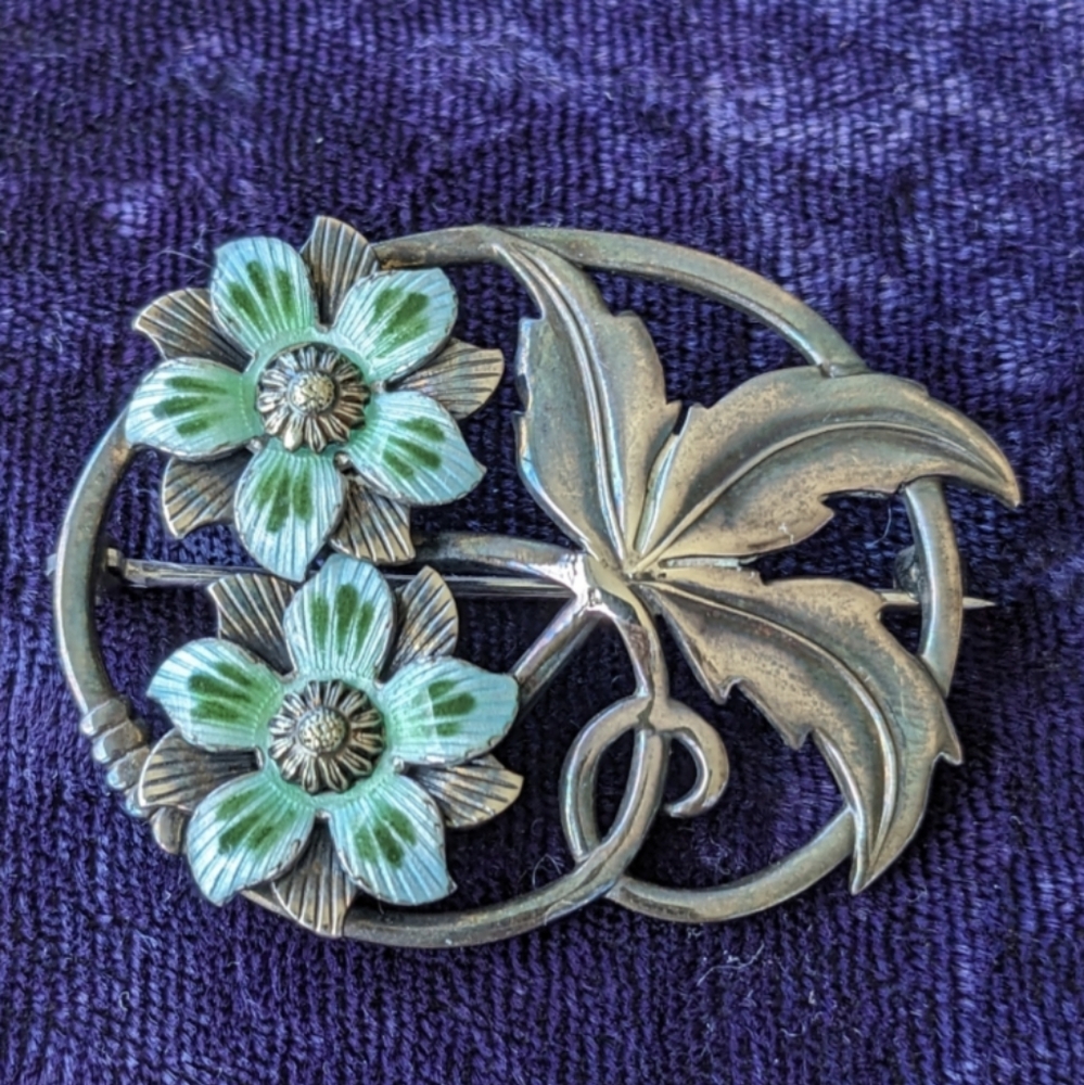 Solid 14K Gold And 925 Sterling Silver Floral Brooch, Vintage